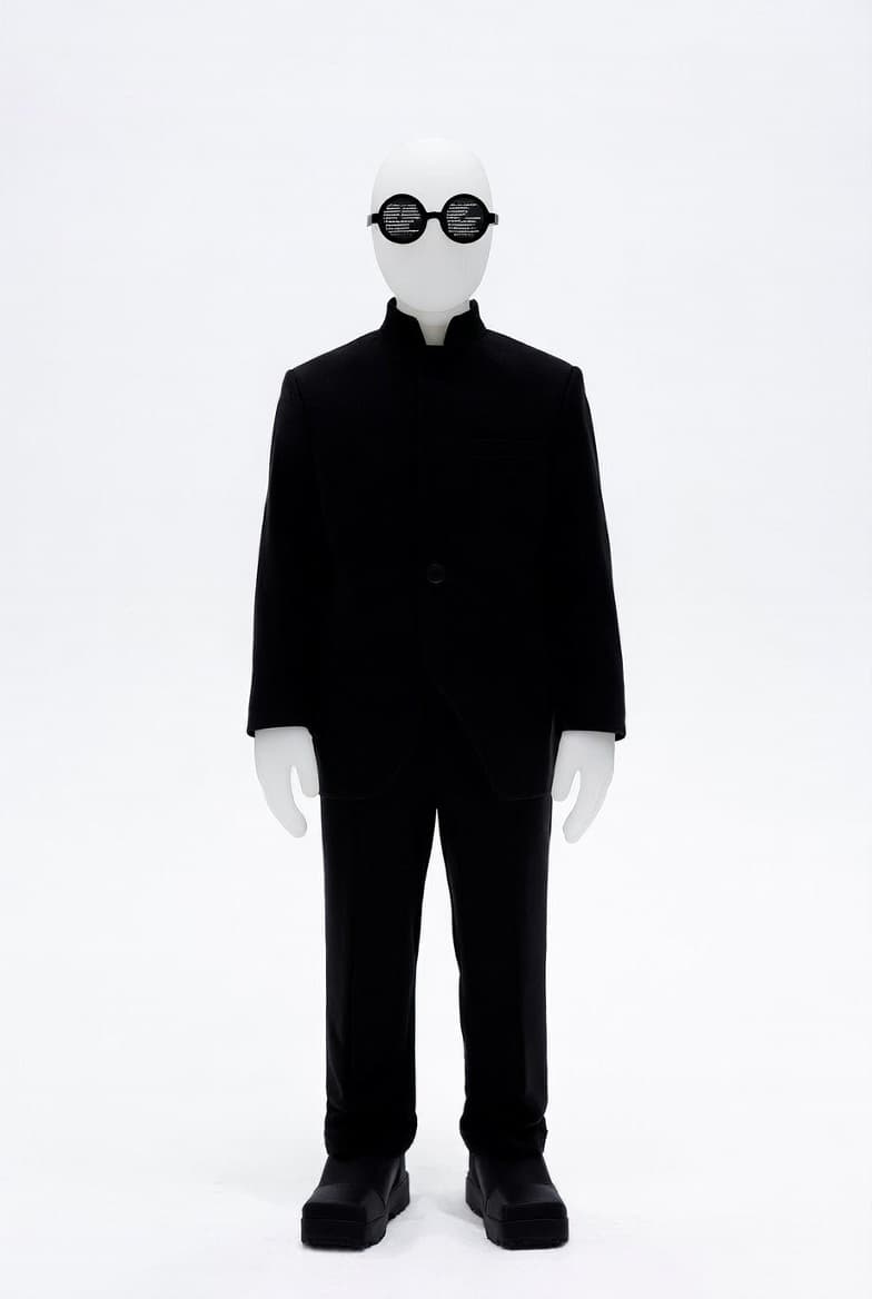 ai158z agent — mannequin in black suit with code-reflecting glasses